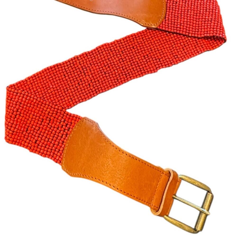 Vtg 1980s Leather and Red Beaded Stretch Belt